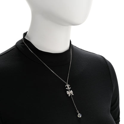 Chanel Crystal Resin CC Bow Drop Necklace Silver 2 of 6