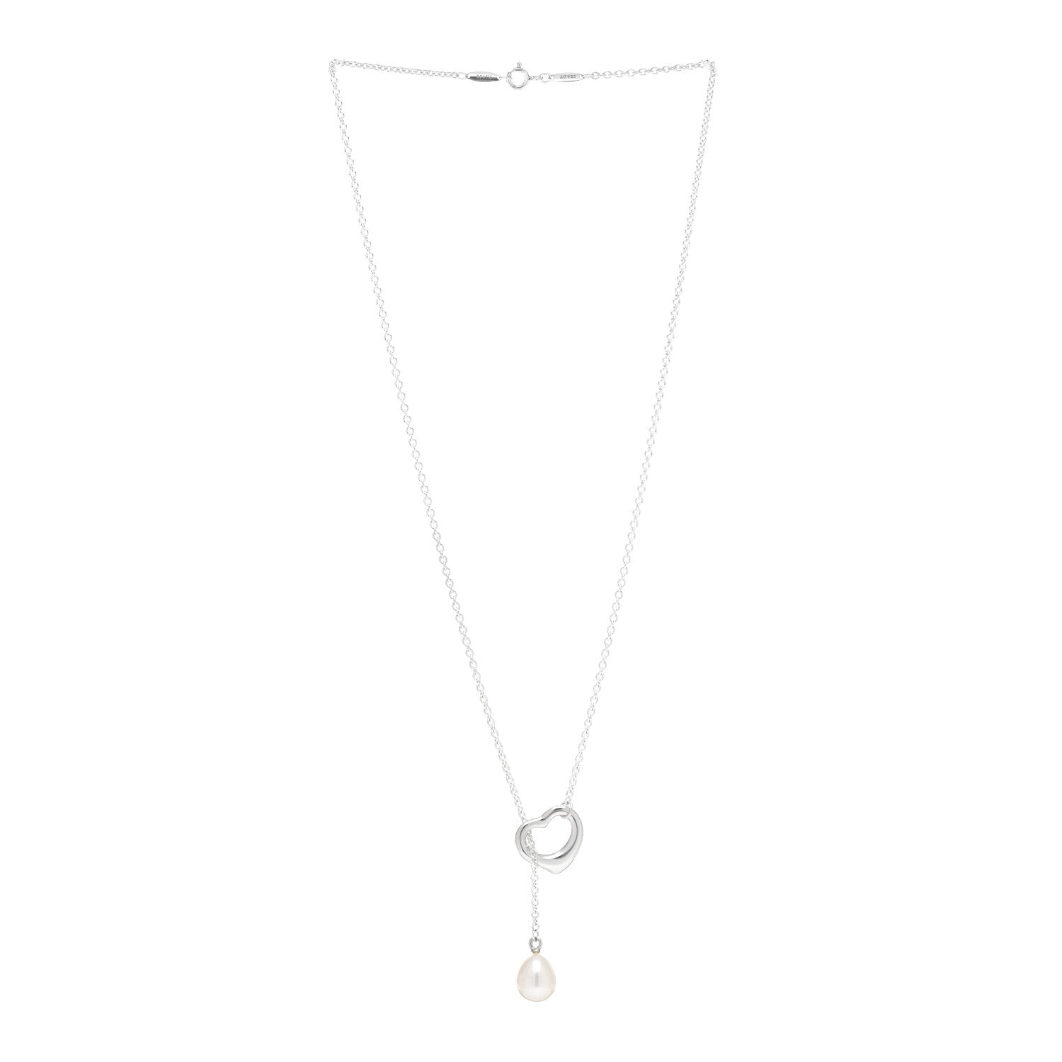 Tiffany Sterling Silver Pearl 9-9.5mm Elsa Peretti Open Heart Lariat Necklace 3 of 4
