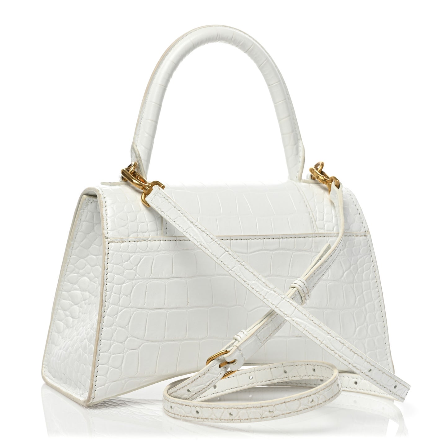 Shiny Calfskin Crocodile Embossed Small Hourglass Top Handle Bag Optic White