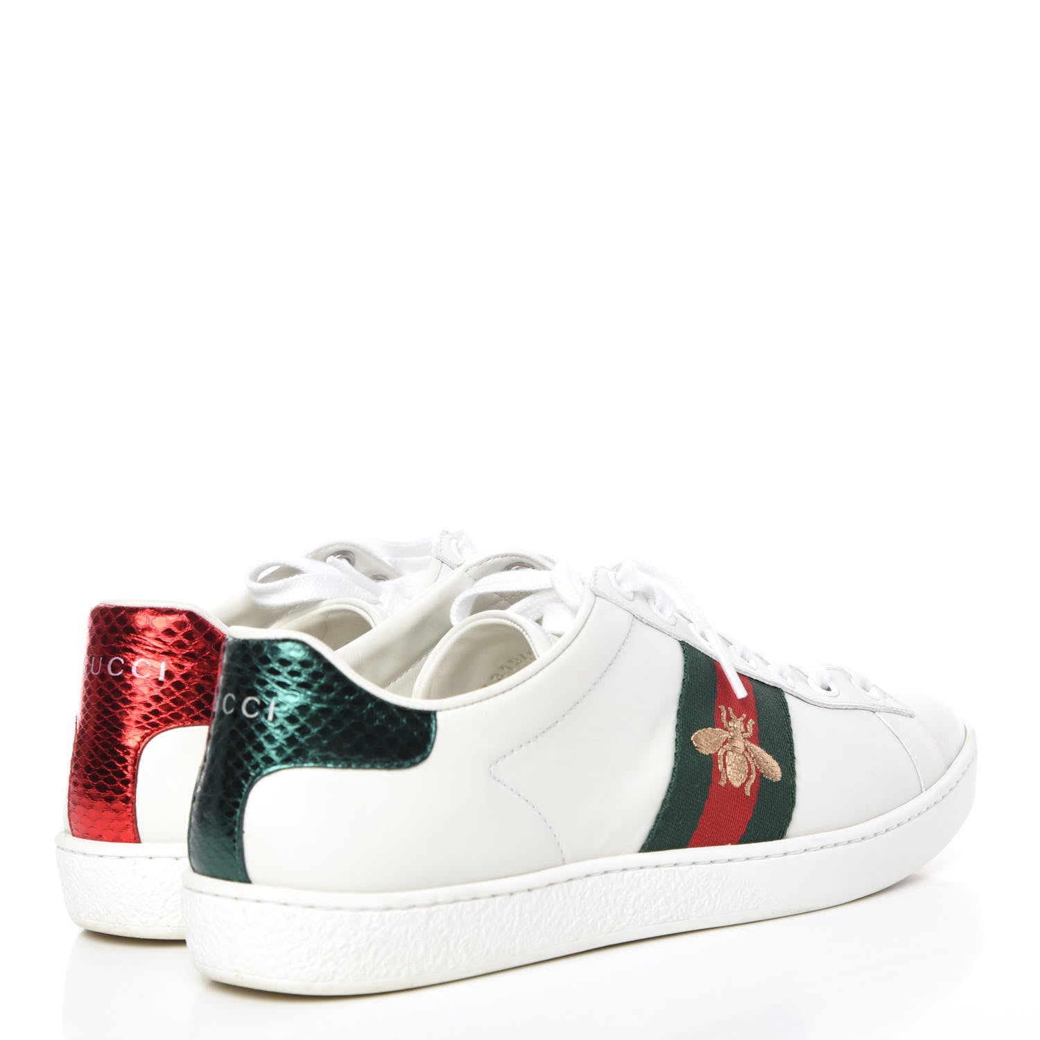Gucci Calfskin Ayers Bee Embroidered Womens Ace Sneakers 37.5 White Green 4 of 16