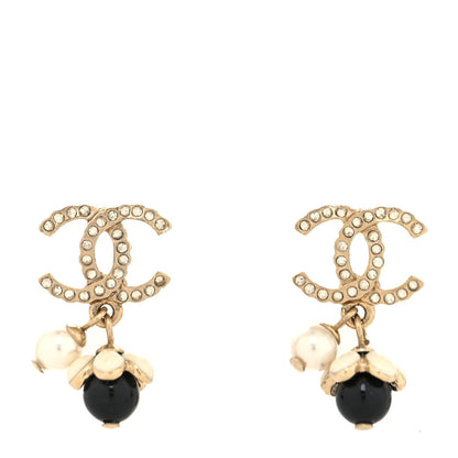 Chanel Crystal Bead Pearl CC Drop Earrings Gold White Black 1 of 4