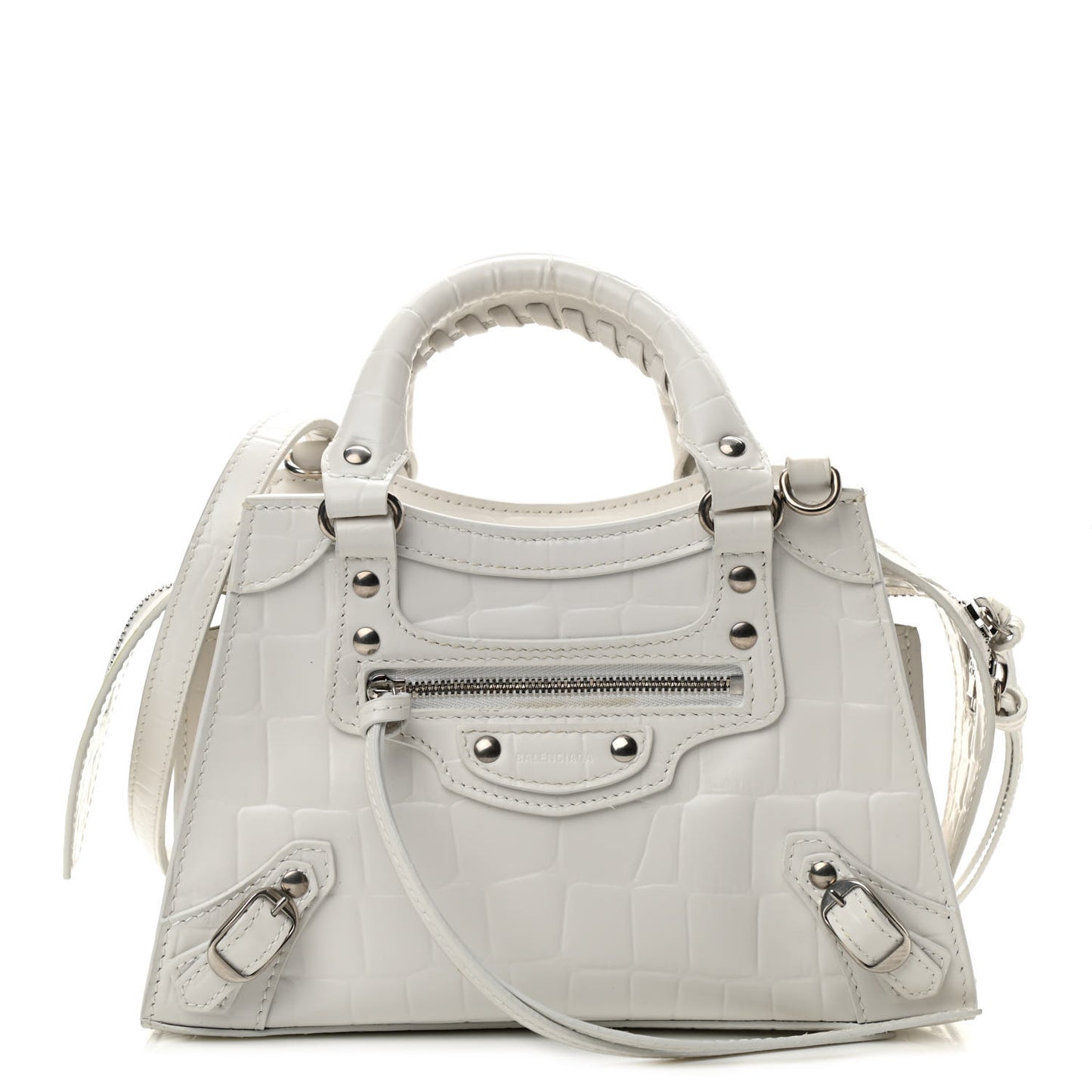 Semi Shiny Calfskin Crocodile Embossed Neo Classic Silver Hardware Mini City White