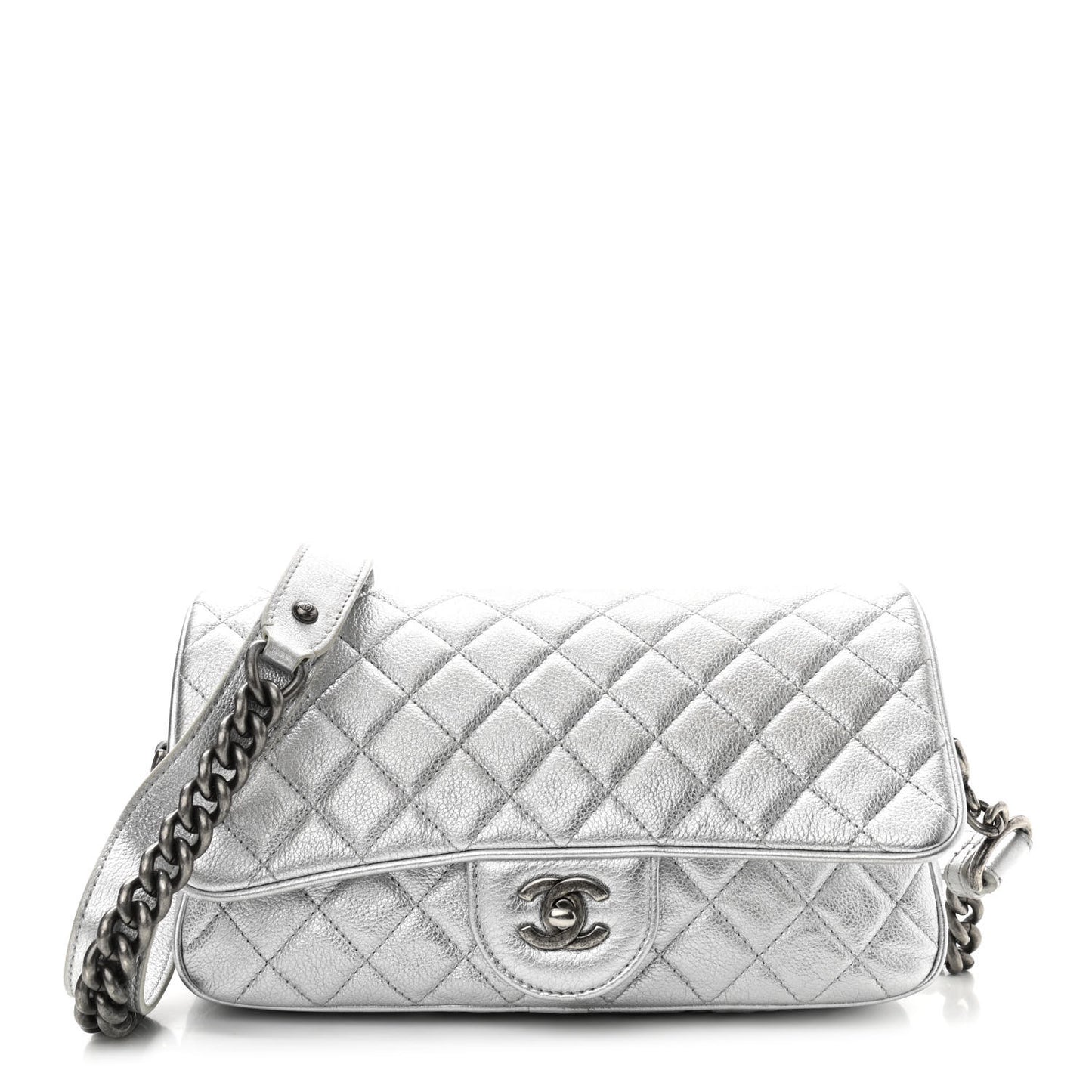 Metallic Grained Calfskin Quilted Small Casual Rock Flap Silver