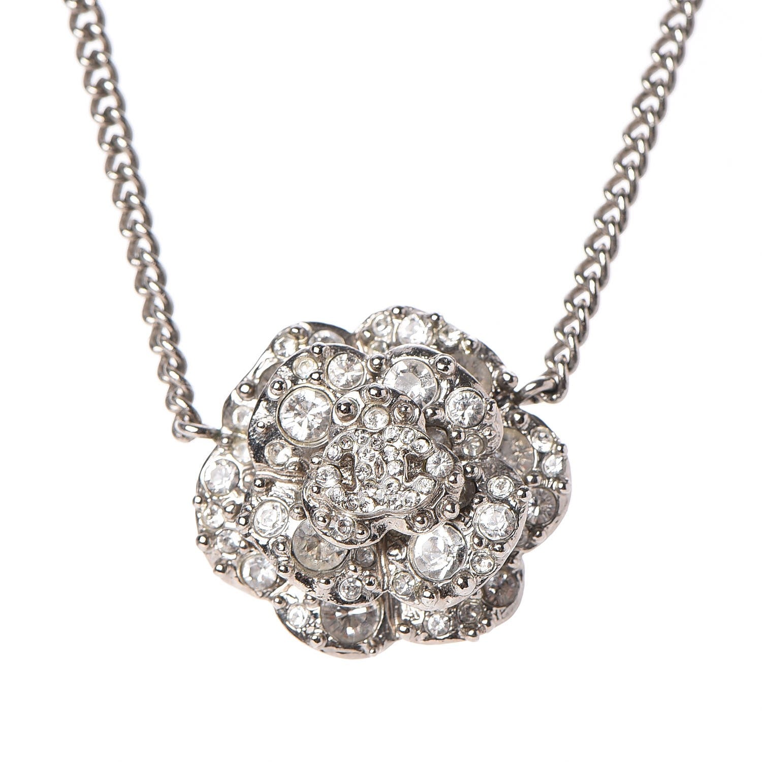 Chanel Swarovski Crystal Camellia CC Necklace Silver 4 of 5