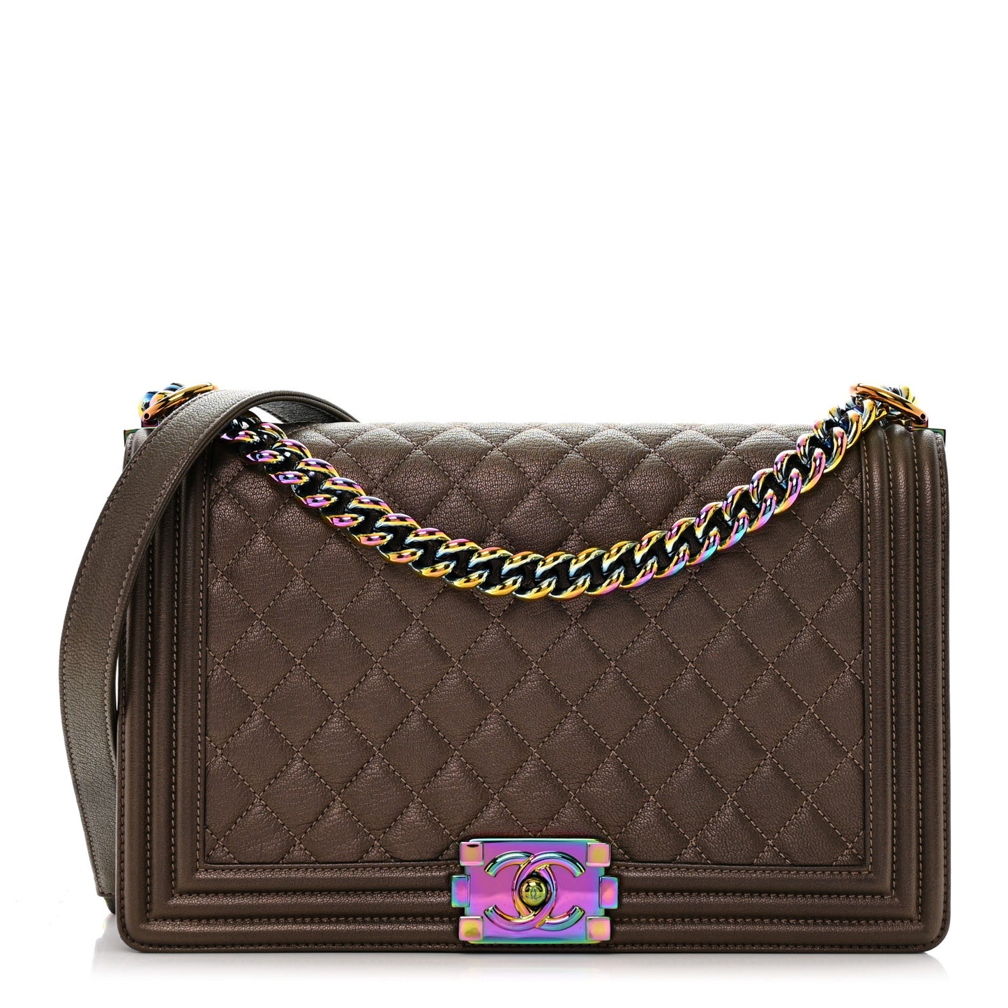 Iridescent Goatskin Quilted New Medium Boy Flap Dark Gold