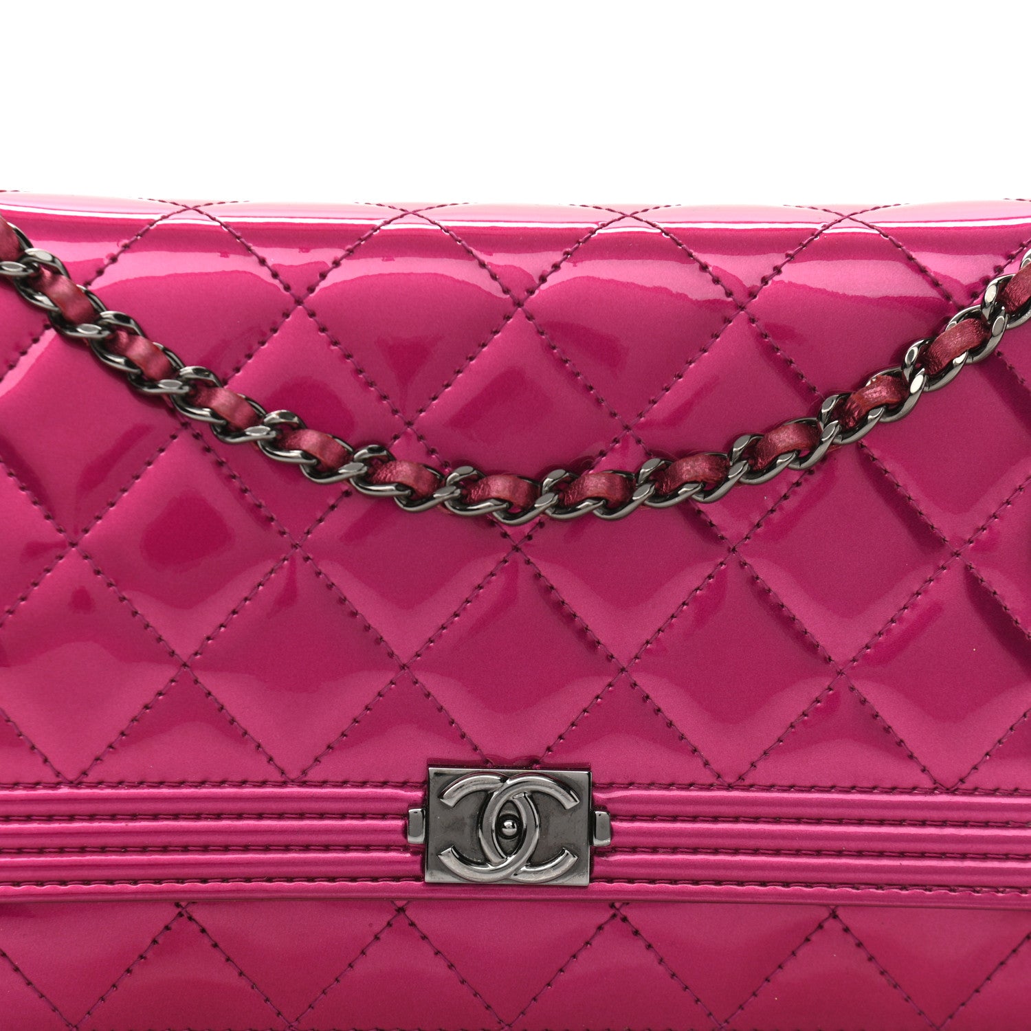 Chanel Metallic Patent Calfskin Quilted Boy Wallet On Chain WOC Fuchsia 9 of 11