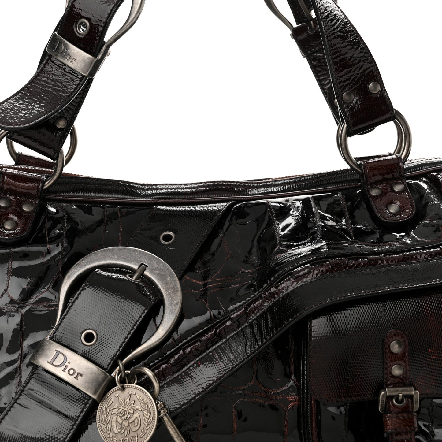 Patent Crocodile Embossed Medium Gaucho Double Saddle Bag Dark Brown