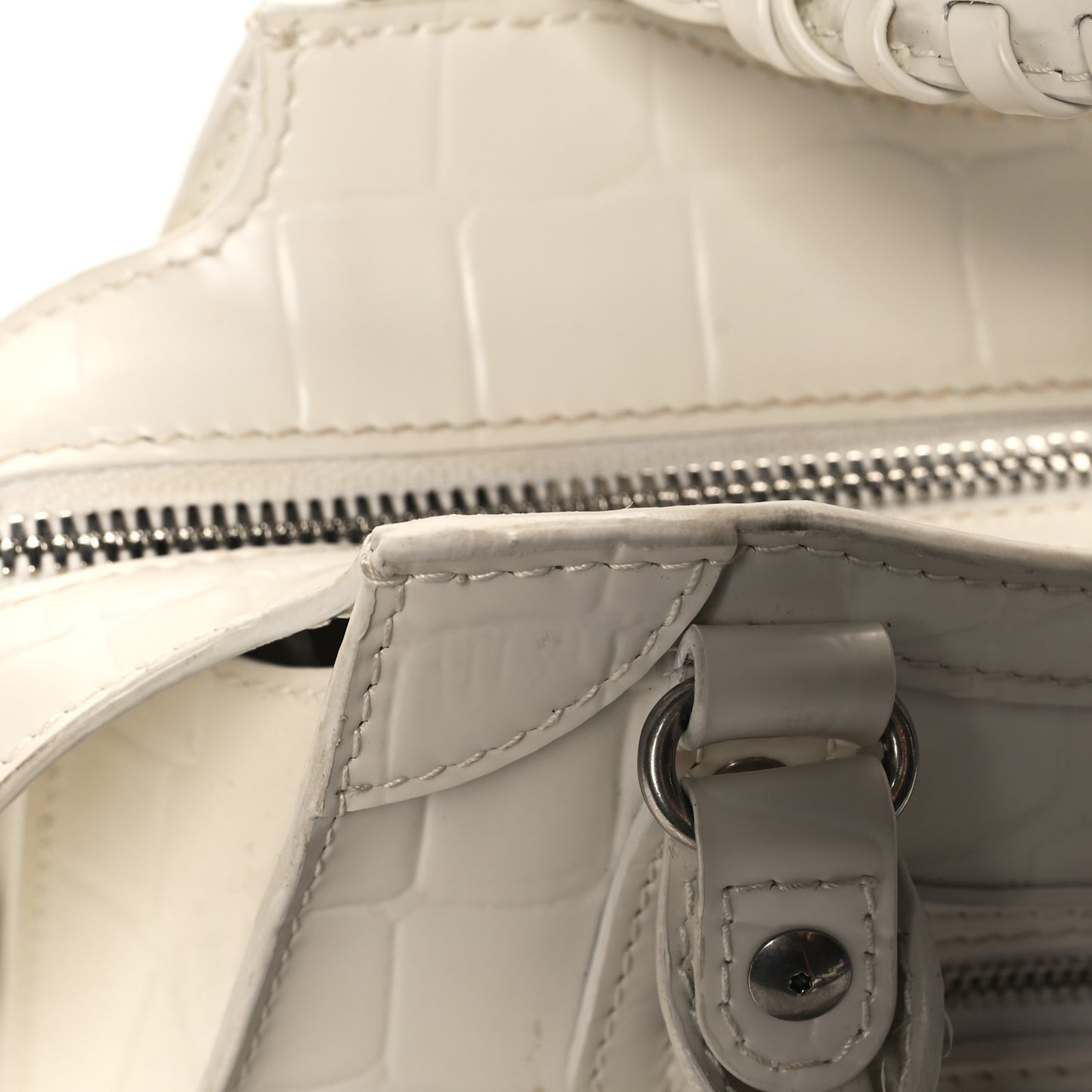 Semi Shiny Calfskin Crocodile Embossed Neo Classic Silver Hardware Mini City White