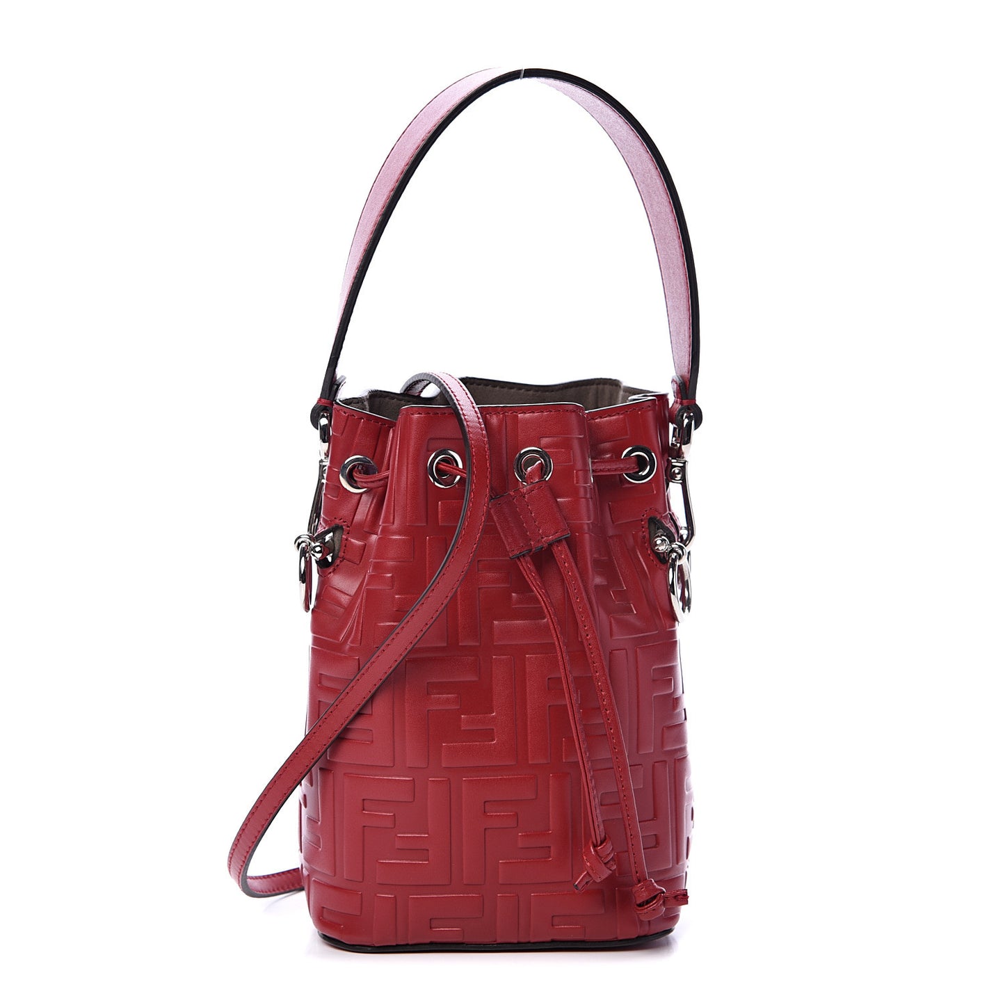Vitello Liberty F is Fendi FF 1974 Embossed Mini Mon Tresor Bucket Bag Fragola
