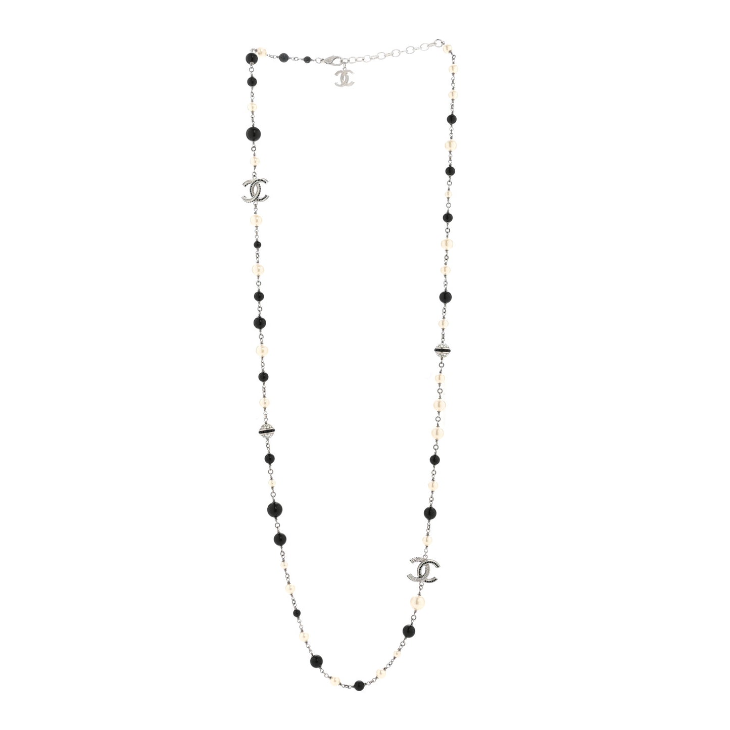 Metal Pearl Crystal Bead CC Long Necklace Black Silver