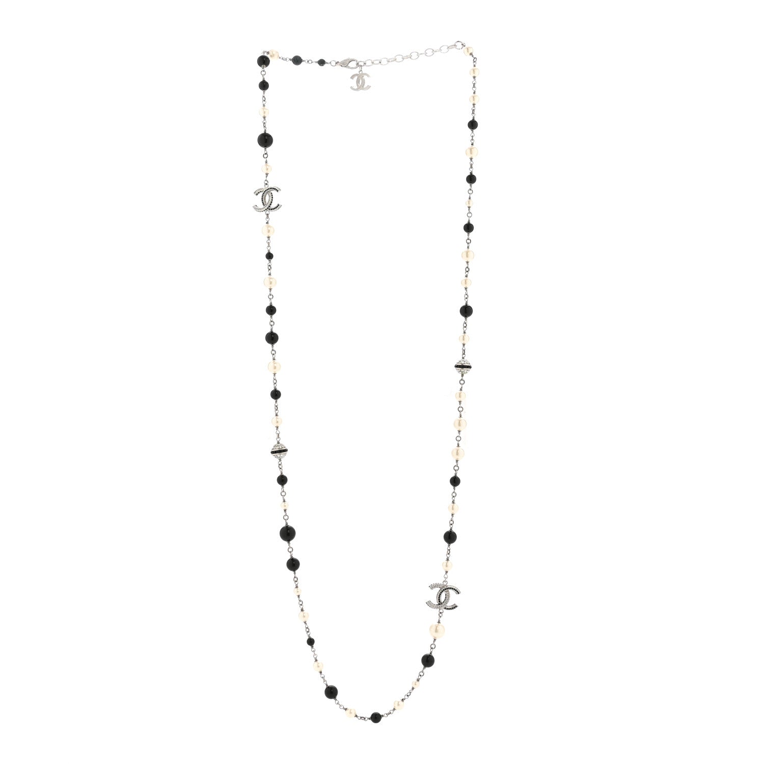 Chanel Metal Pearl Crystal Bead CC Long Necklace Black Silver 4 of 7