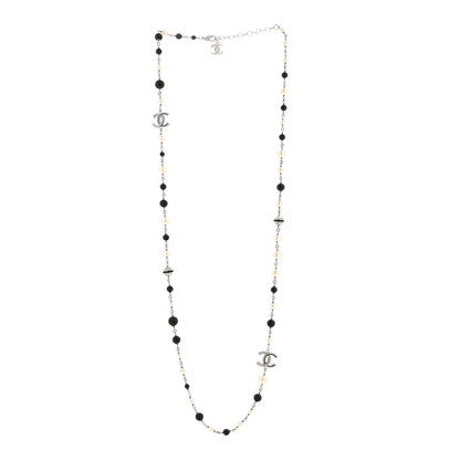 Chanel Metal Pearl Crystal Bead CC Long Necklace Black Silver 4 of 7