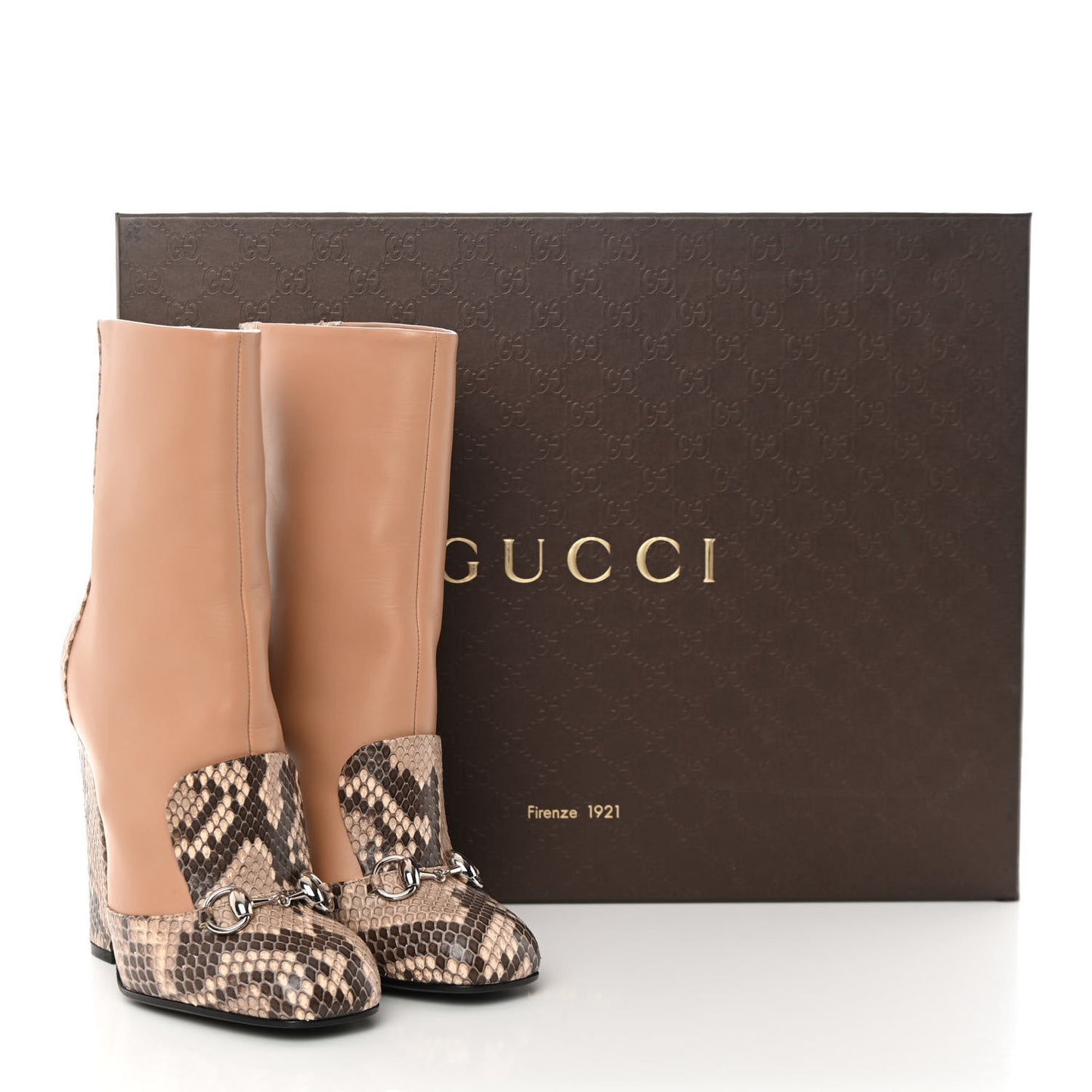 Acquarello Lux Snakeskin Twiggy Calfskin Lillian Horsebit Boot 36.5 Taffy Camelia