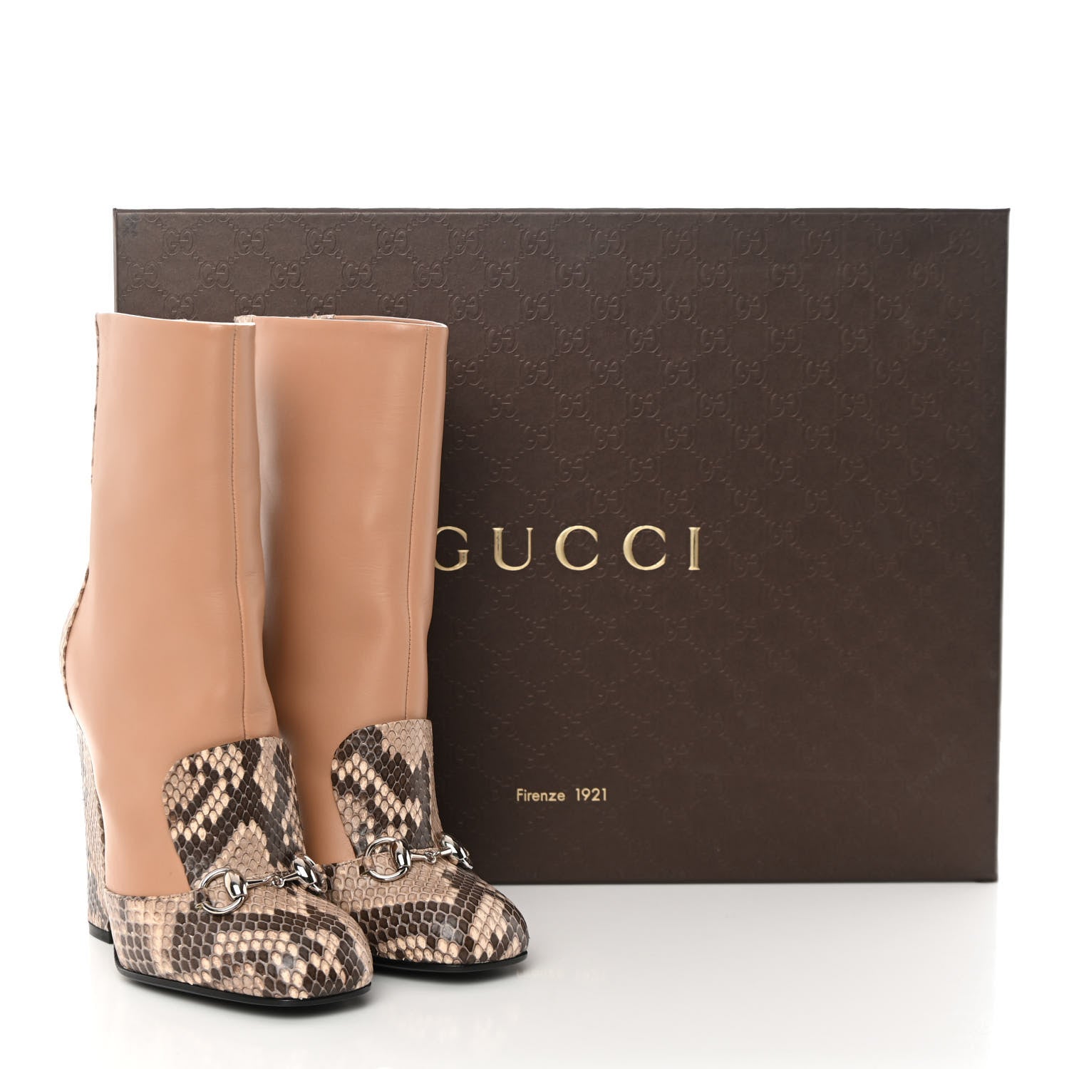Gucci Acquarello Lux Snakeskin Twiggy Calfskin Lillian Horsebit Boot 36.5 Taffy Camelia 13 of 13