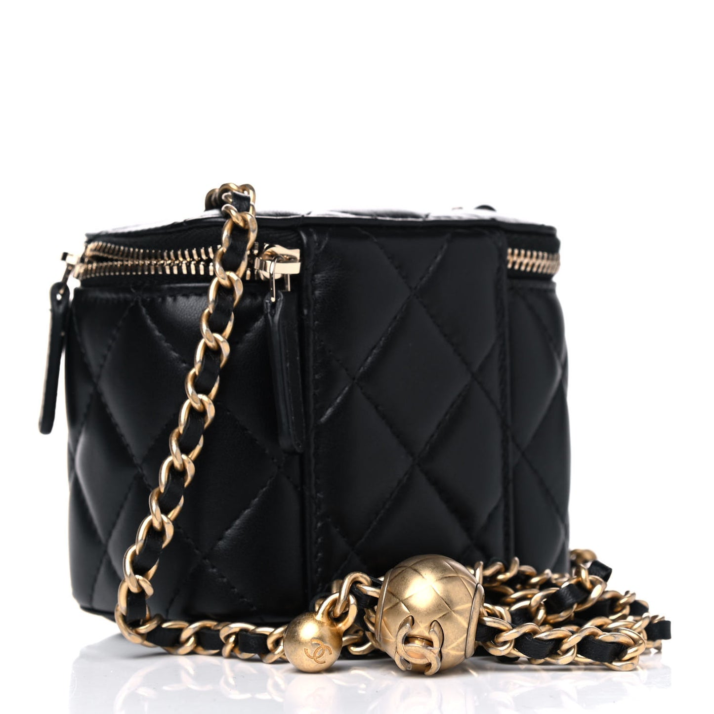 Lambskin Quilted Mini Pearl Crush Vanity Case With Chain Black