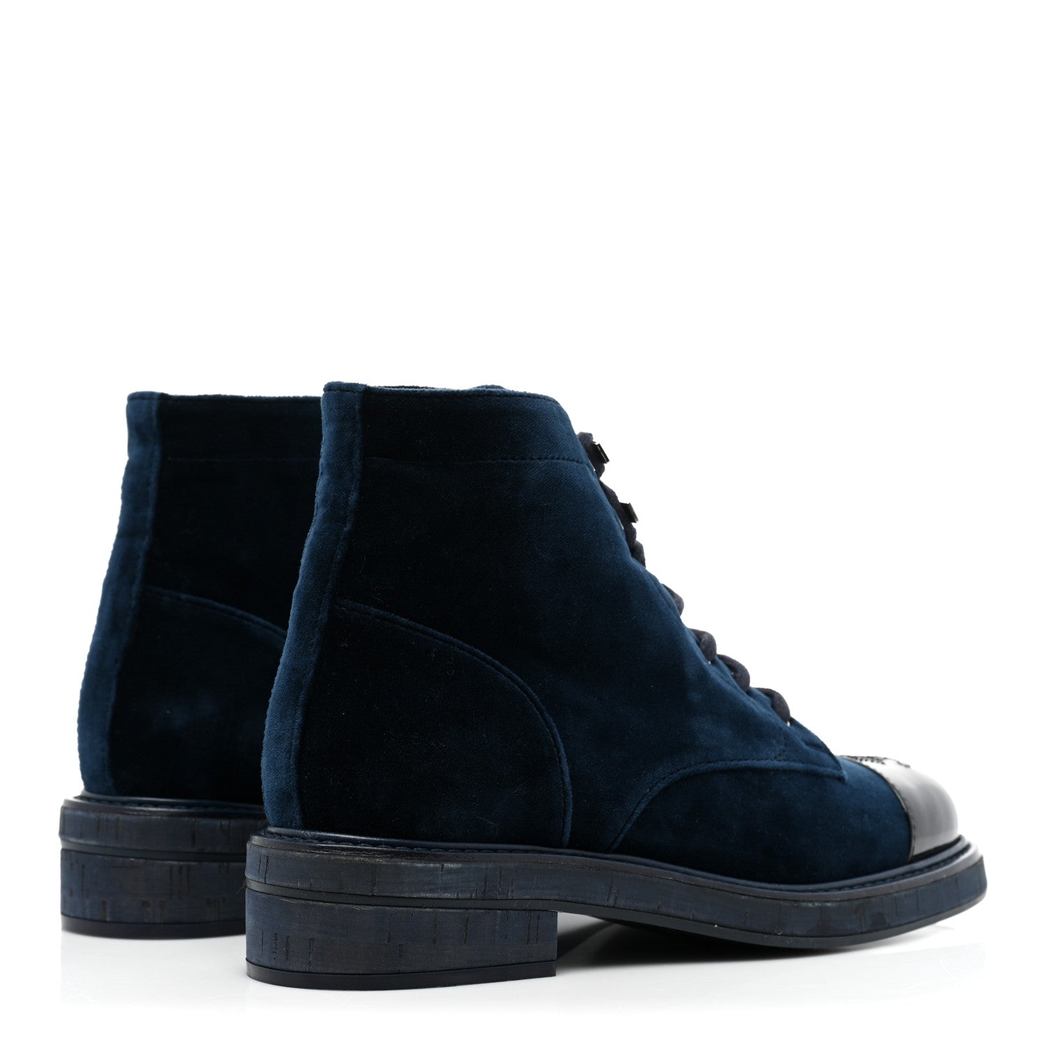 Chanel Velvet Patent Cap Toe CC Lace Up Combat Boots 37 Blue Black 4 of 10
