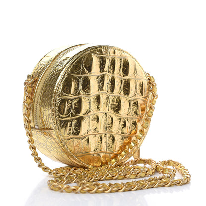 Chanel Metallic Calfskin Crocodile Embossed Cocodile Round Clutch with Chain Gold 3 of 8