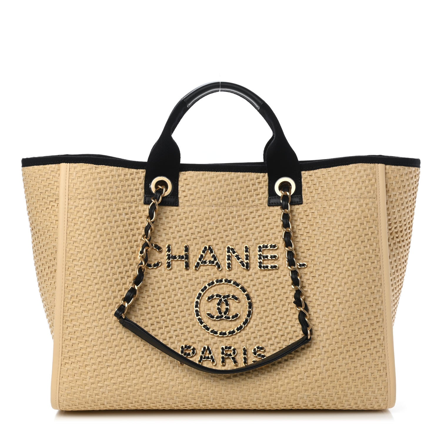 Chanel Straw Raffia Calfskin Chain Medium Deauville Tote Beige Black 1 of 9