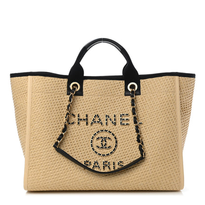 Chanel Straw Raffia Calfskin Chain Medium Deauville Tote Beige Black 1 of 9