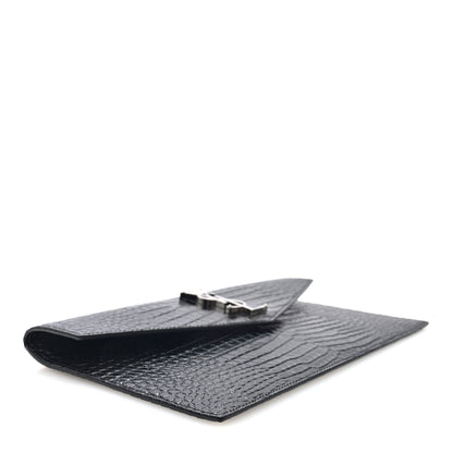 Saint Laurent Calfskin Crocodile Embossed Uptown Monogram Pouch Black 4 of 6