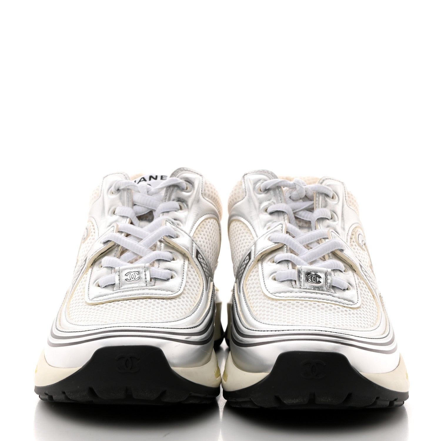 Chanel Fabric Laminated Calfskin Stretch CC Womens Sneakers 38.5 White Silver 2 of 9