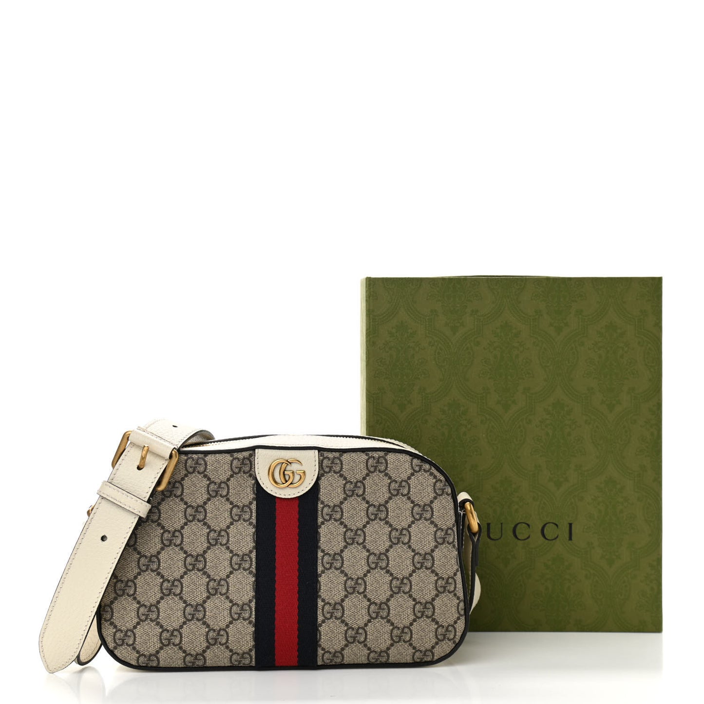 GG Supreme Monogram Textured Calfskin Web Small Ophidia Camera Bag Beige Ebony Mystic White