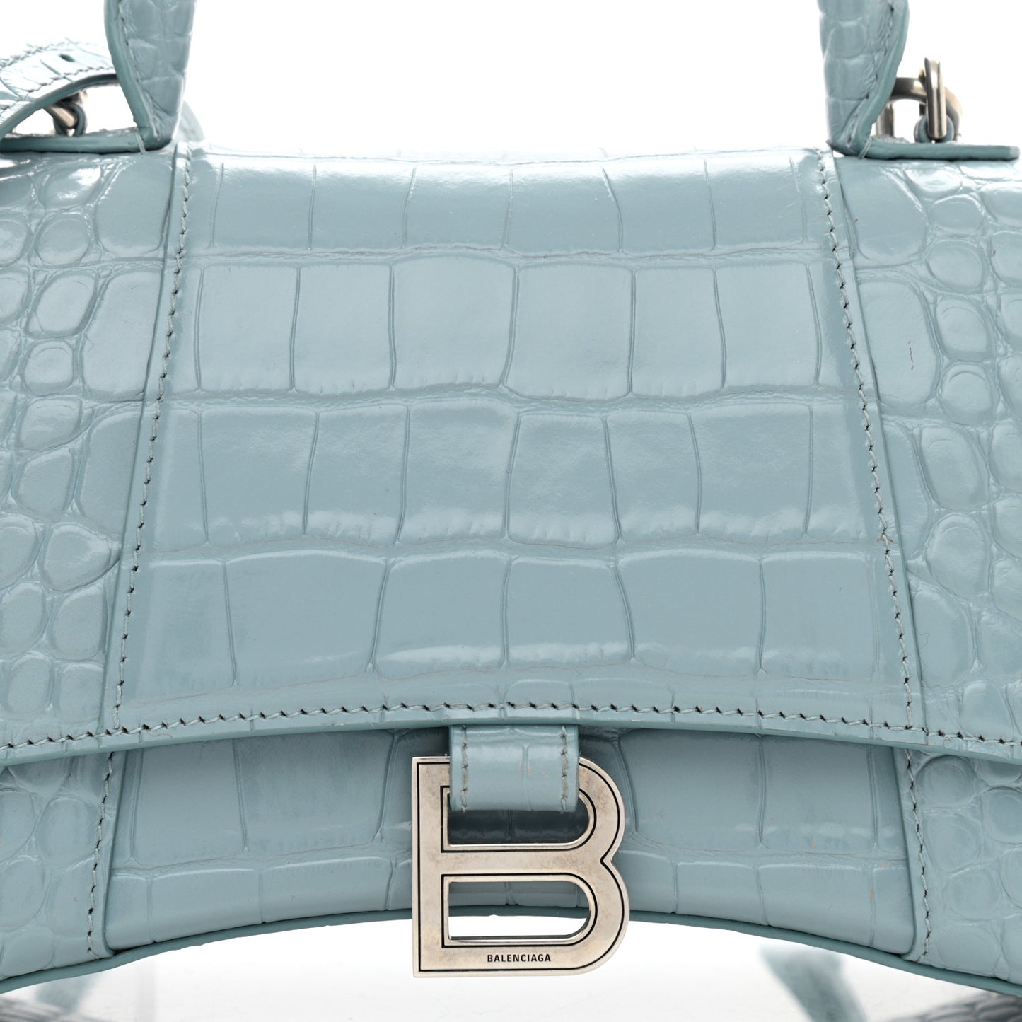Shiny Calfskin Crocodile Embossed Small Hourglass Top Handle Bag Blue Grey