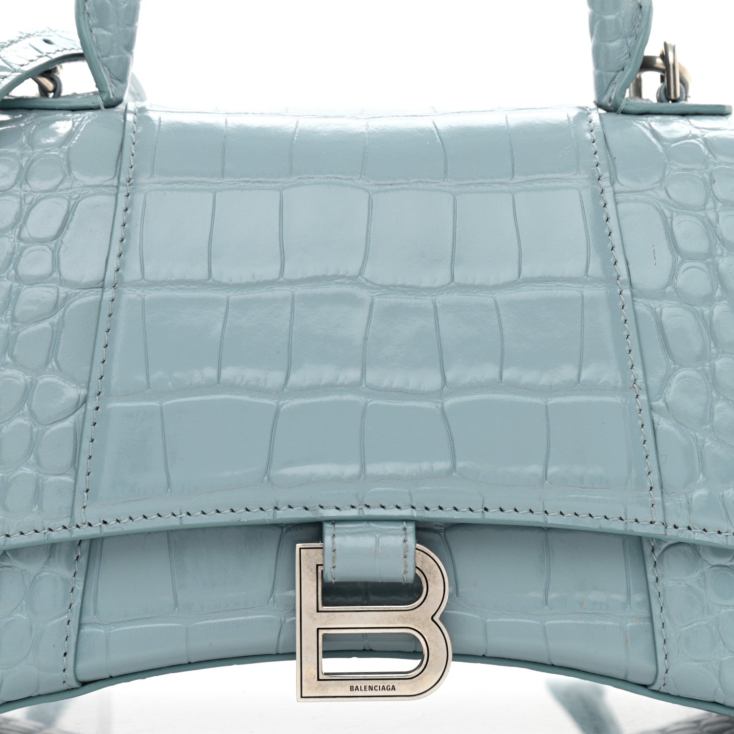 Balenciaga Shiny Calfskin Crocodile Embossed Small Hourglass Top Handle Bag Blue Grey 9 of 11