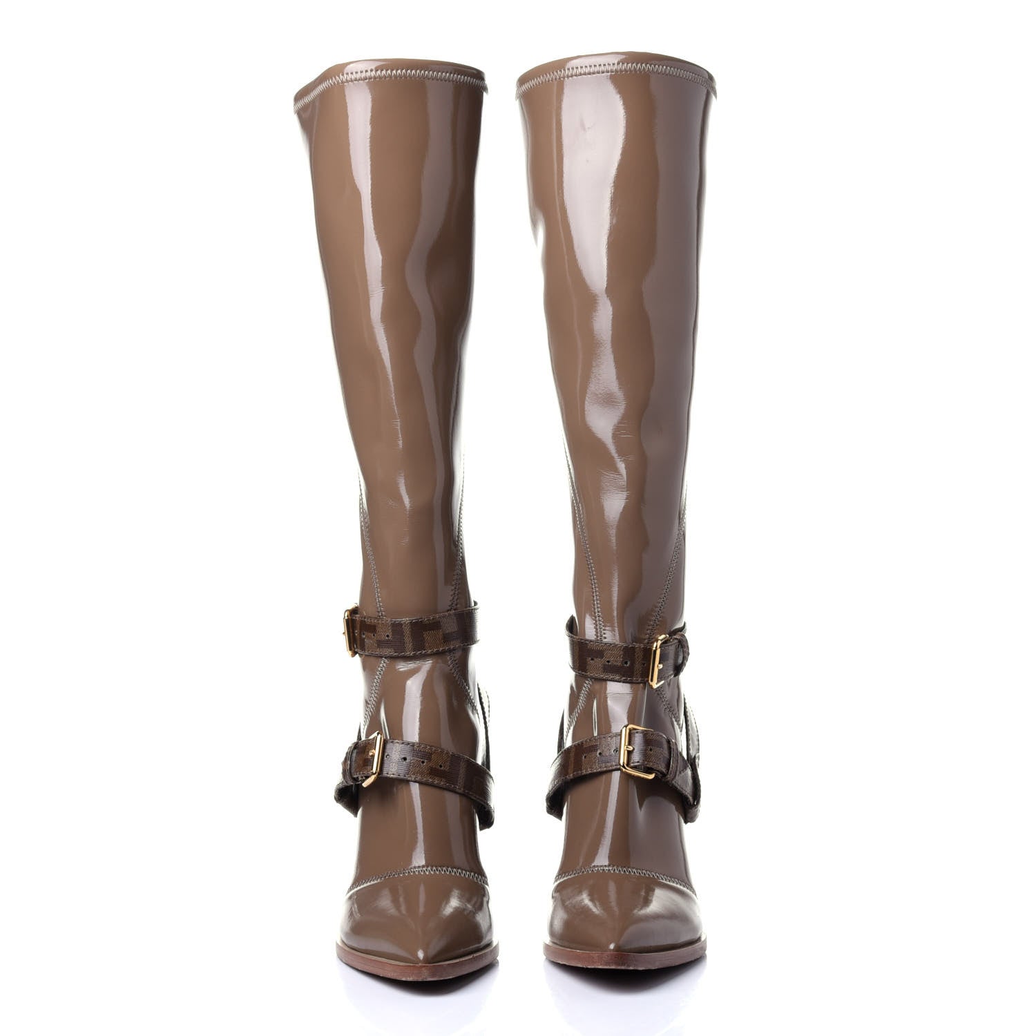 Fendi Glossy Neoprene Glazed Fabric FF FFrame Boots 38 Tortora Tobacco Moro 2 of 10