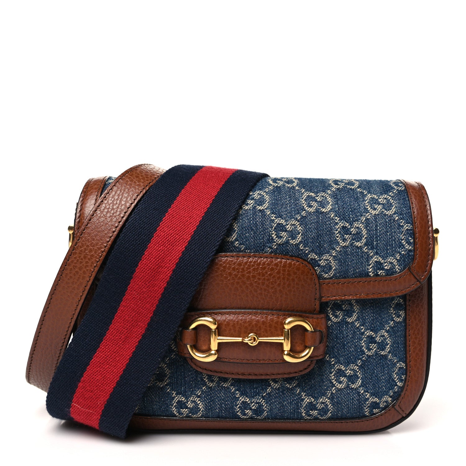 Gucci New Denim GG Monogram Dollar Calfskin Web Mini Horsebit 1955 Shoulder Bag Blue Tea Cuir Epilog 1 of 10