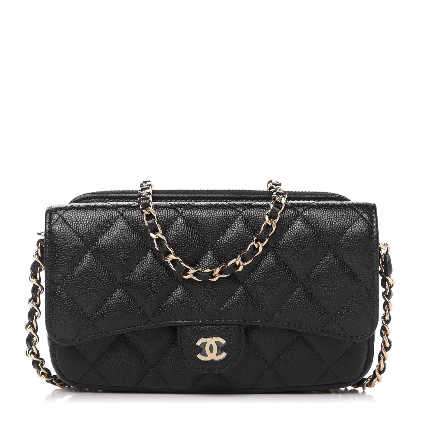 Caviar Quilted Flap Phone Holder With Chain Black
