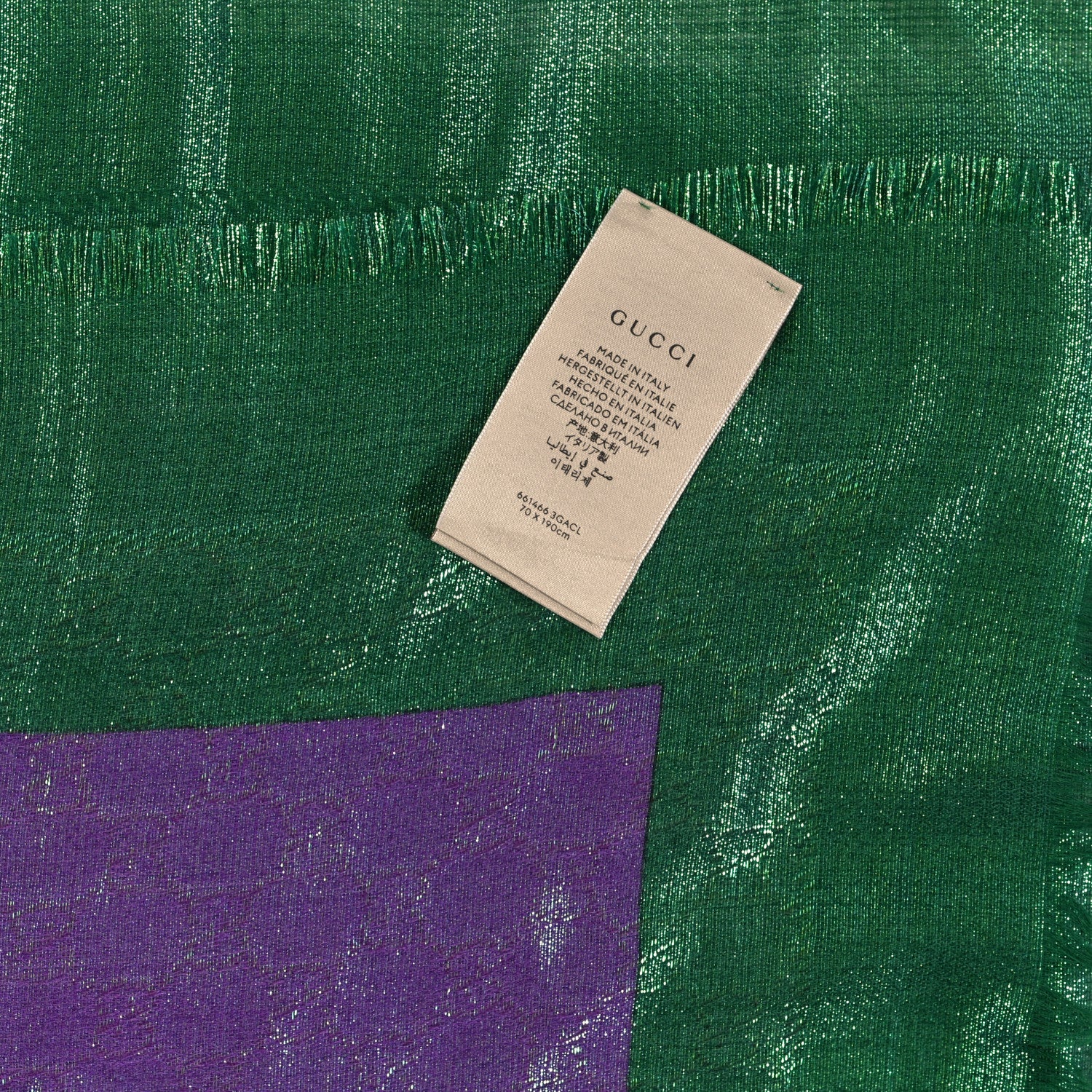 Gucci Wool Polyamide GG Monogram Giwet Fringe Scarf Emerald Light Purple 4 of 4
