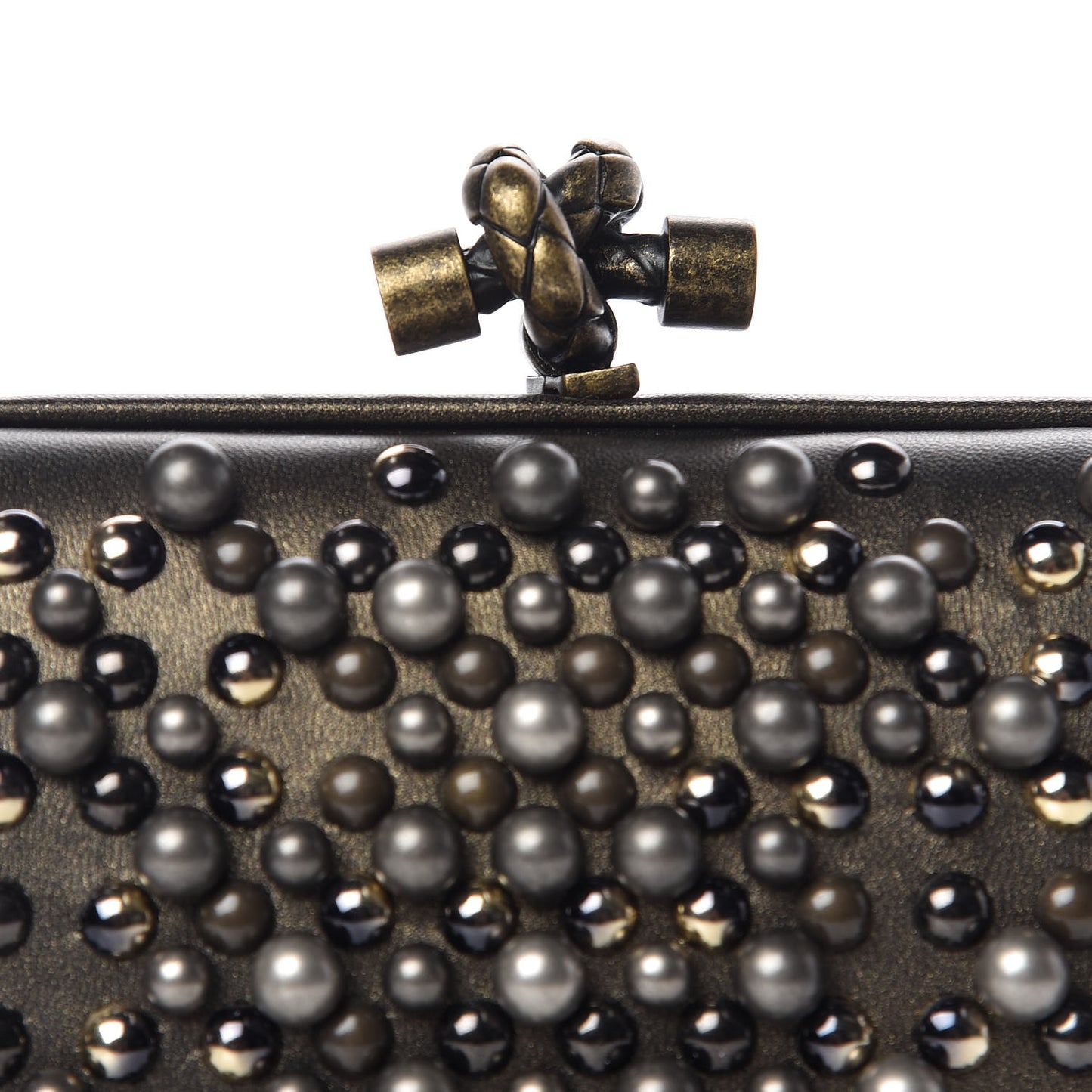Nappa Pearl Embellished Knot Studded Clutch Gold