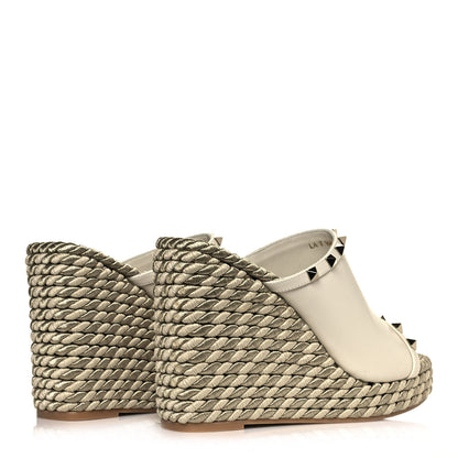 Valentino Garavani Calfskin Silk Rockstud Torchon Espadrille Wedge 25/115mm Slide Sandals 39 Light Ivory 4 of 7