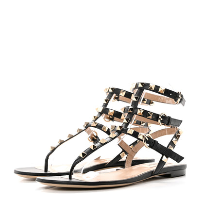 Valentino Garavani Calfskin Rockstud Ankle Wrap Flat Thong Sandals 36 Black 3 of 7