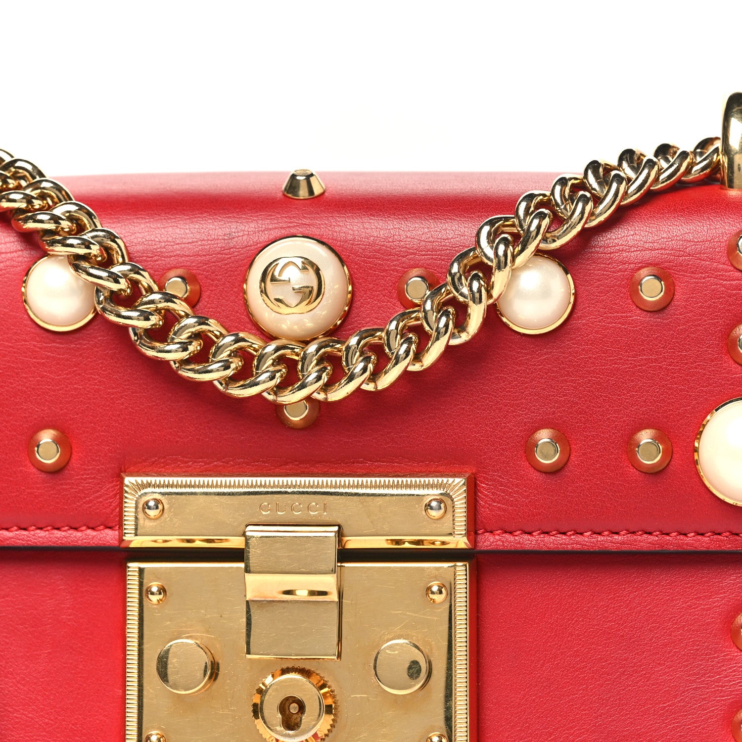Gucci Calfskin Studded Small Padlock Shoulder Bag Hibiscus Red 8 of 10