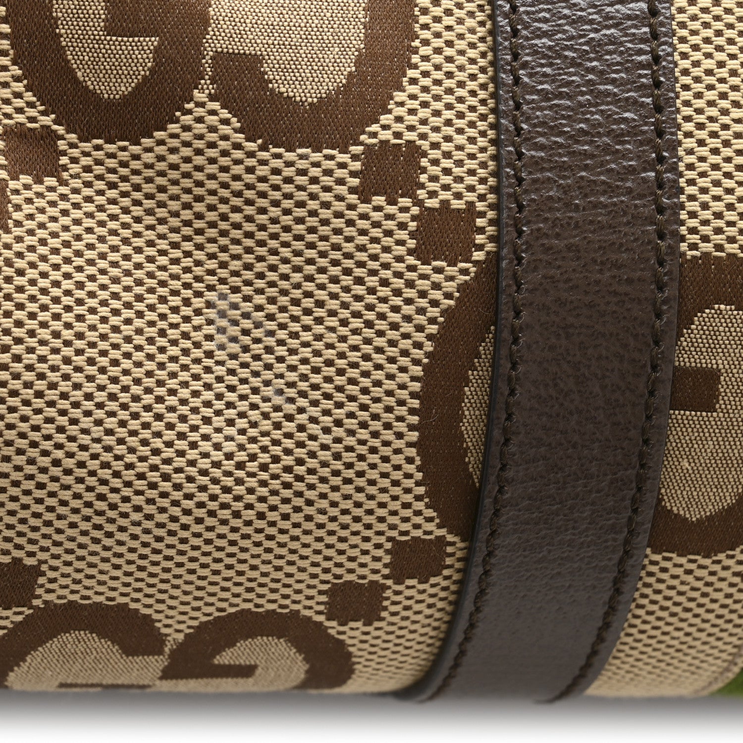 Gucci Monogram Jumbo GG Textured Dollar Calfskin Web Medium Duffle Bag Camel Ebony 12 of 12