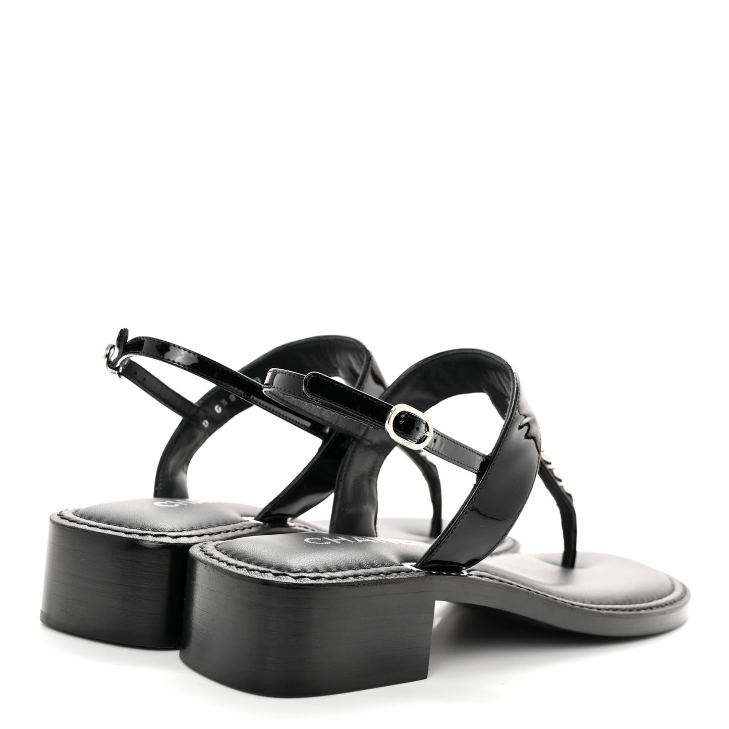 Lambskin Patent Chain CC Logo Thong Sandals 40 Black