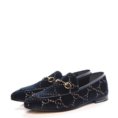 Gucci Velvet GG Monogram Horsebit Womens Jordaan Loafers 40.5 Blue Beige 3 of 9