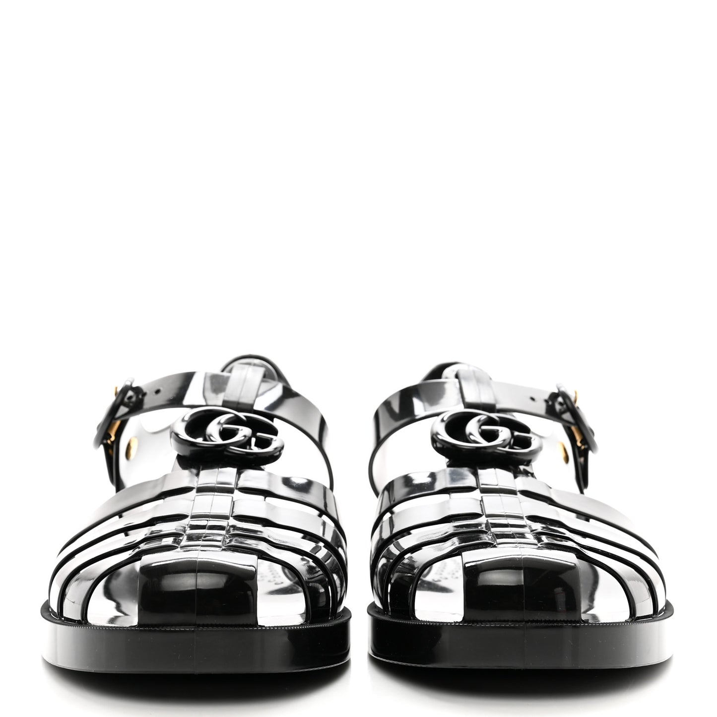 Shiny Rubber Mens Double G Buckle Strap Sandals 9 Black