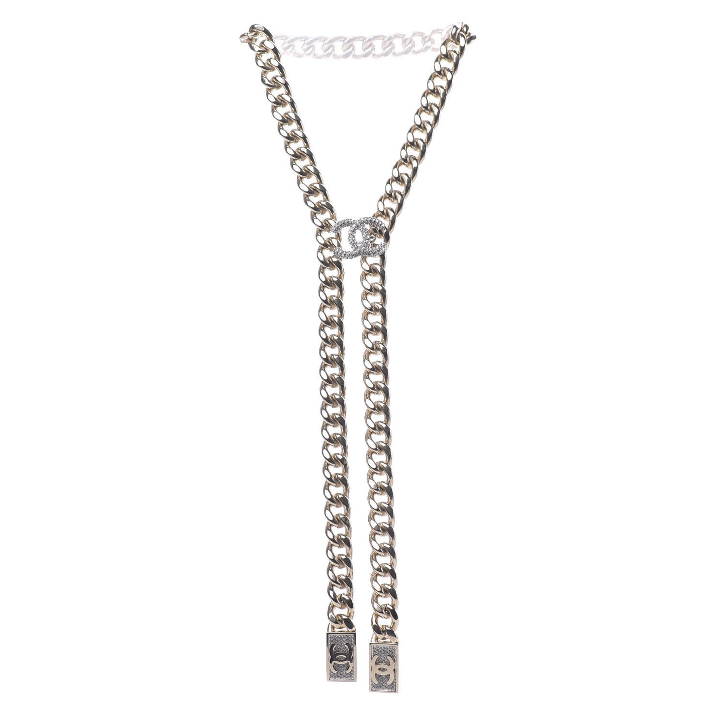 Chain Link Crystal CC Dog Tag Charm Necklace Gold