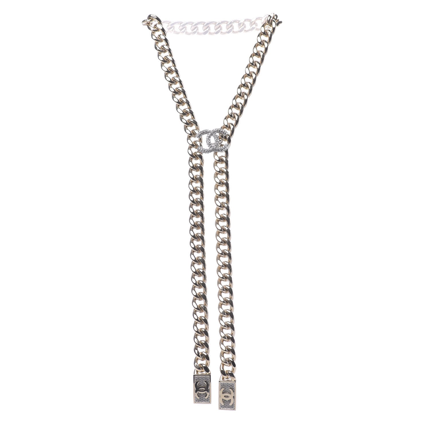 Chanel Chain Link Crystal CC Dog Tag Charm Necklace Gold 3 of 6