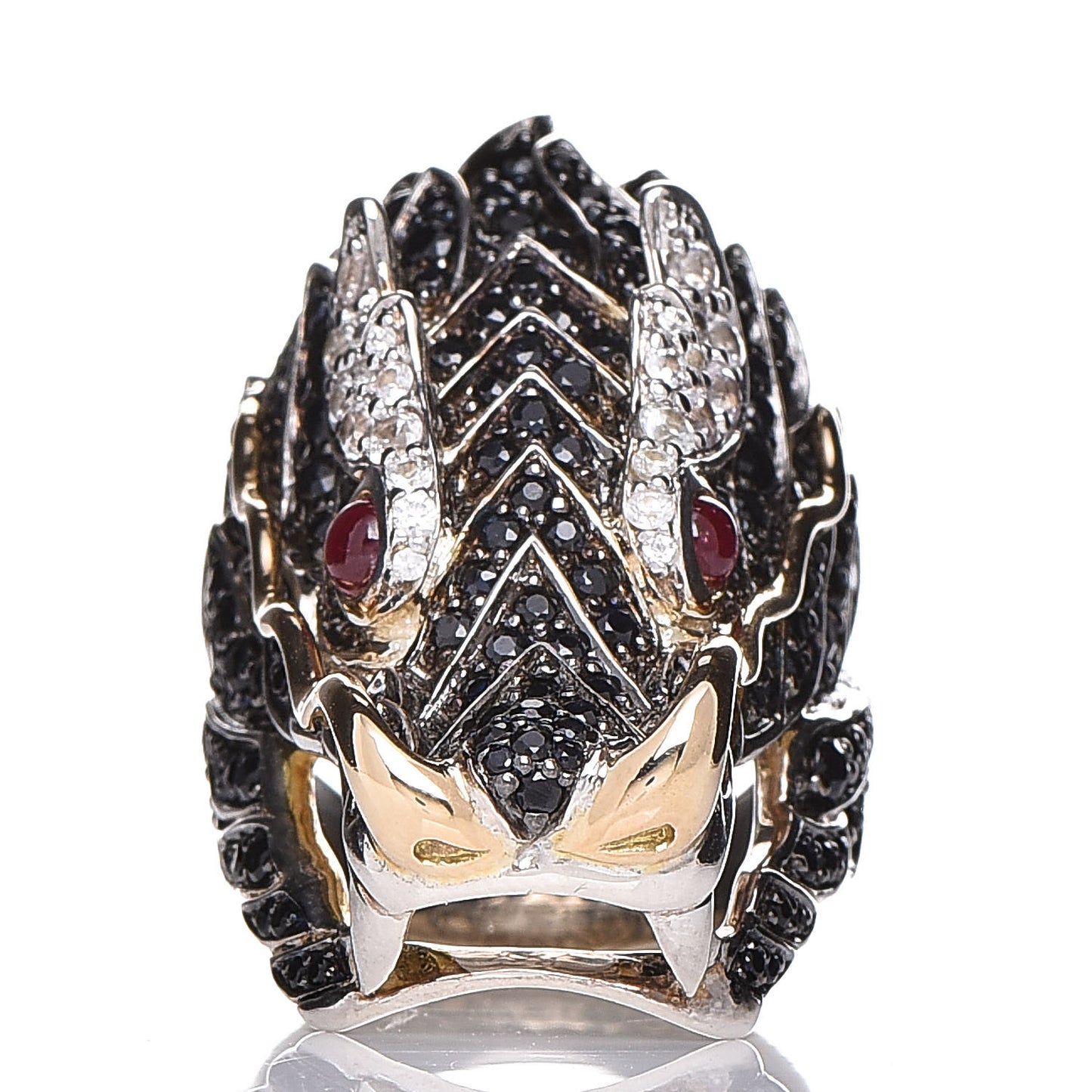 Sterling Silver 18K Yellow Gold Ruby Black Sapphire White Sapphire Naga Head Ring 54 7
