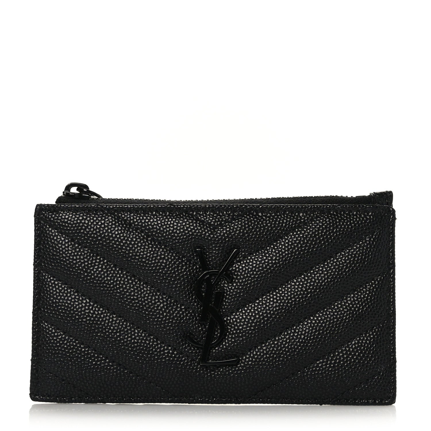 Saint Laurent Grain De Poudre Matelasse Chevron Monogram Fragments Zippered Card Case Black 1 of 7