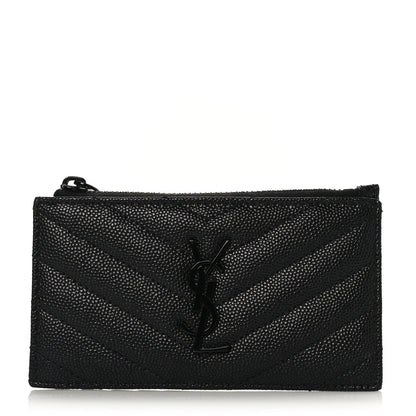 Saint Laurent Grain De Poudre Matelasse Chevron Monogram Fragments Zippered Card Case Black 1 of 7