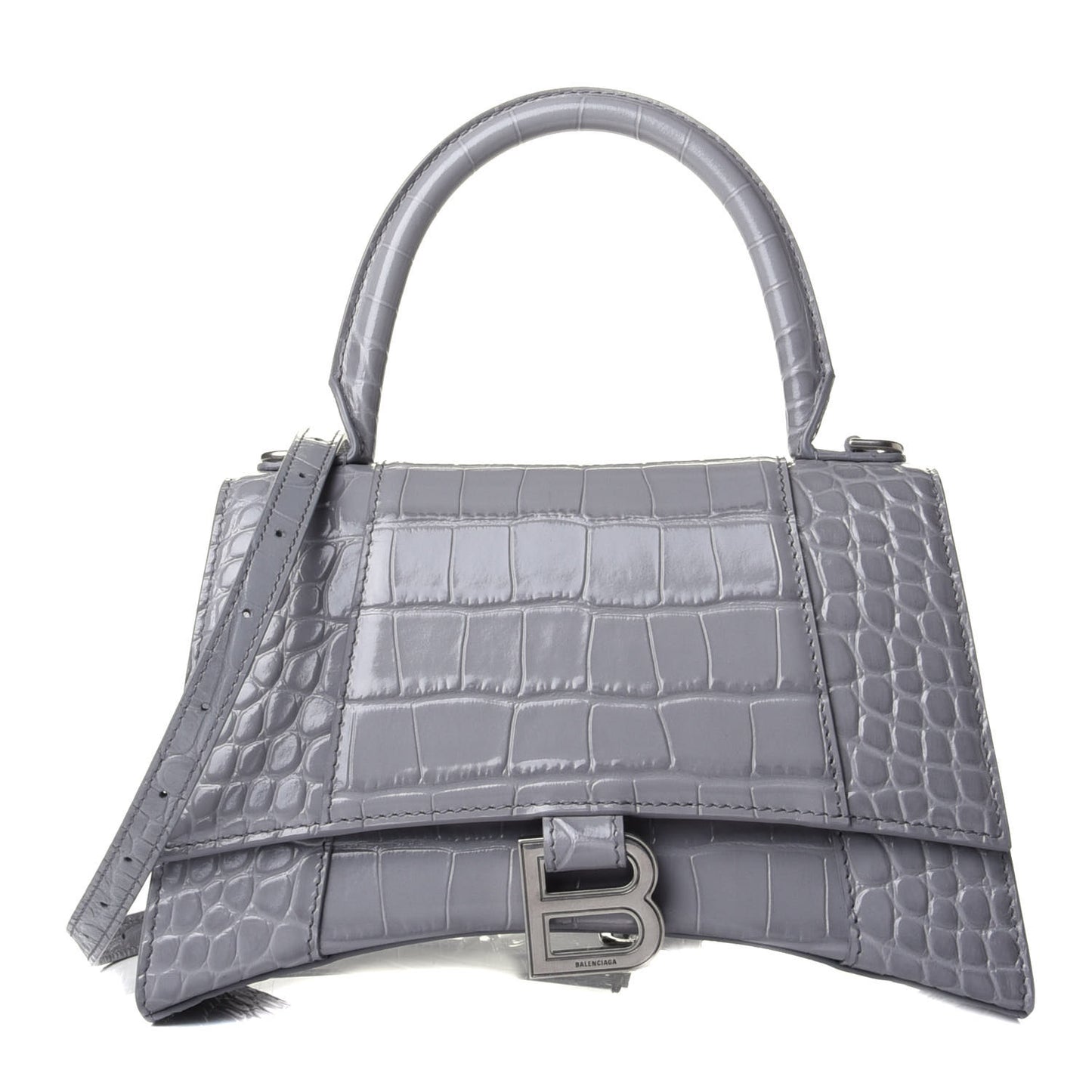 Shiny Calfskin Crocodile Embossed Small Hourglass Top Handle Bag Balenciaga Grey