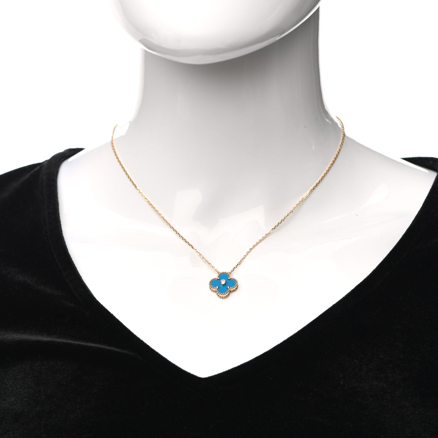 18K Yellow Gold Diamond Celestial Blue Sevres Porcelain Vintage Alhambra Pendant Necklace