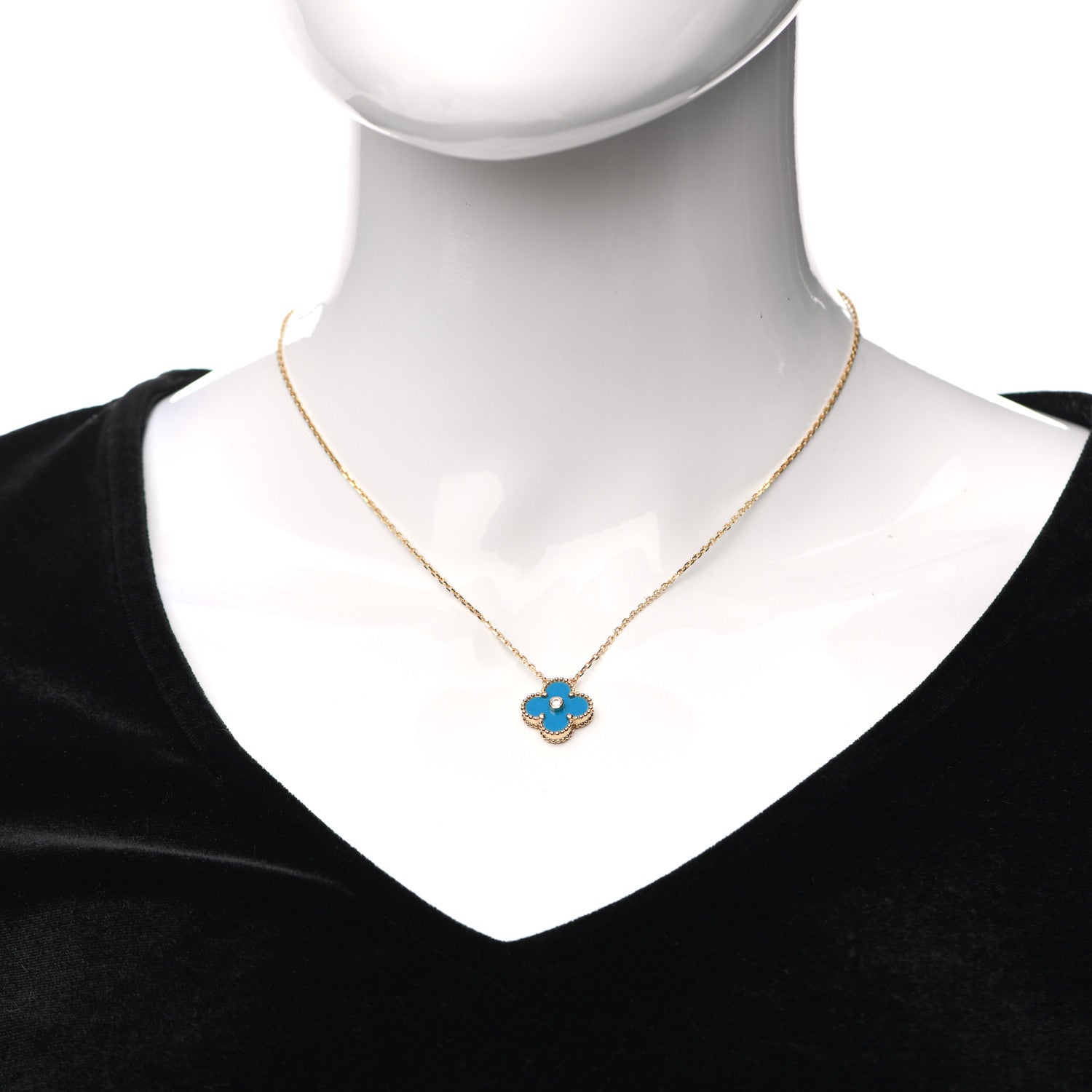 Van Cleef & Arpels 18K Yellow Gold Diamond Celestial Blue Sevres Porcelain Vintage Alhambra Pendant Necklace 2 of 8