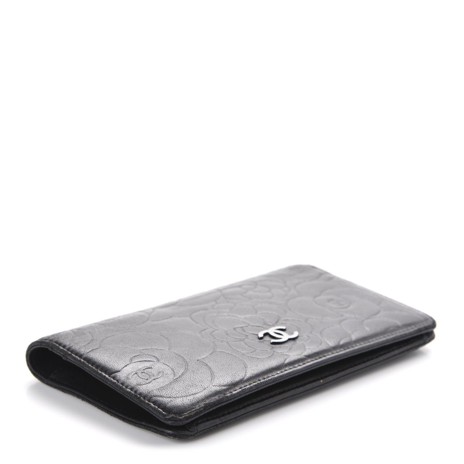 Chanel Lambskin Camellia Embossed Yen Wallet Black 3 of 10