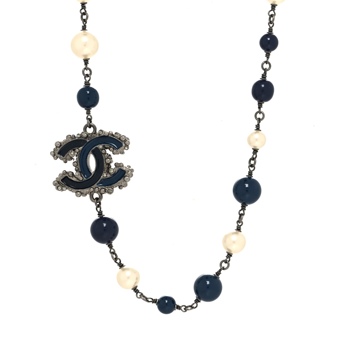Pearl Crystal Enamel Beaded CC Necklace Blue Silver